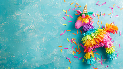 Cinco de Mayo Celebration Poster: Vibrant, Festive Pinata in Flat Lay Style on a Vivid Blue Background, Representing Traditional Mexican Culture and Festivities