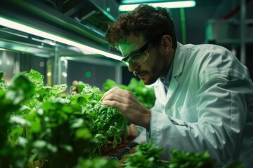 Scientist examining diverse plant species in modern laboratory with advanced LED grow lights for optimal growth conditions