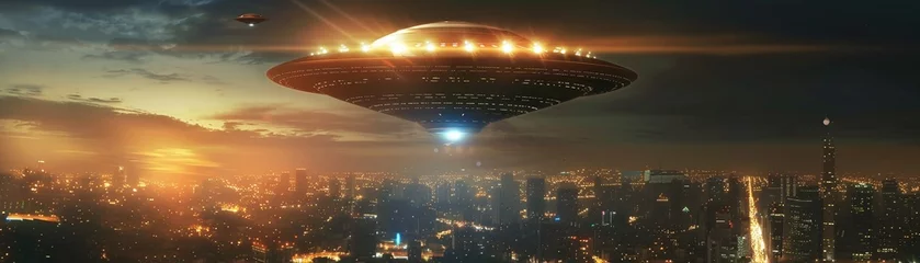 Gordijnen A Dramatic science fiction scene of a UFO hovering with bright lights over a cityscape at dusk © Creative_Bringer