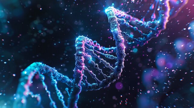 A Digital representation of a glowing DNA double helix with bright blue and purple highlights in a scientific concept image.
