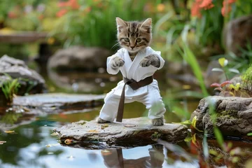 Foto op Canvas A kitten in a white karate uniform posing in a martial arts stance amidst a tranquil natural setting with water and plants. © Creative_Bringer