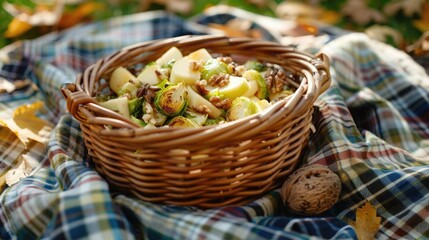 A cozy autumn picnic setup in a park, featuring a woven basket with a dish of sauteed Brussels sprouts, apple slices, and walnuts, capturing the essence of a healthy fall picnic