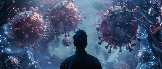 A Man observing large virus model with floating molecules dark - obrazy, fototapety, plakaty