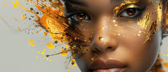 A Striking portrait of a model with a dramatic look her skin and hair embellished with splashes of liquid gold