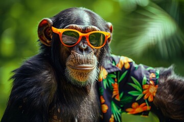 A stylish chimpanzee donning orange sunglasses and a vibrant Hawaiian shirt