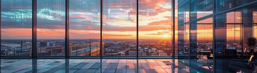 A Sunset view of a bustling cityscape through the large windows of a modern glass building.