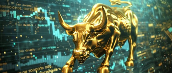 A symbolic golden bull statue stands prominently against a background of financial graphs - obrazy, fototapety, plakaty