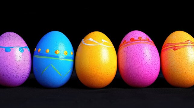 a row of painted eggs sitting next to each other on top of a black surface in front of a black background.