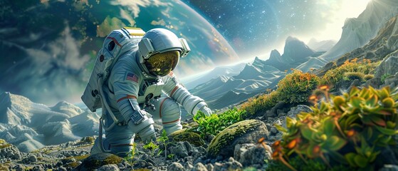 An astronaut engages in planting bright greenery on an alien planet - obrazy, fototapety, plakaty
