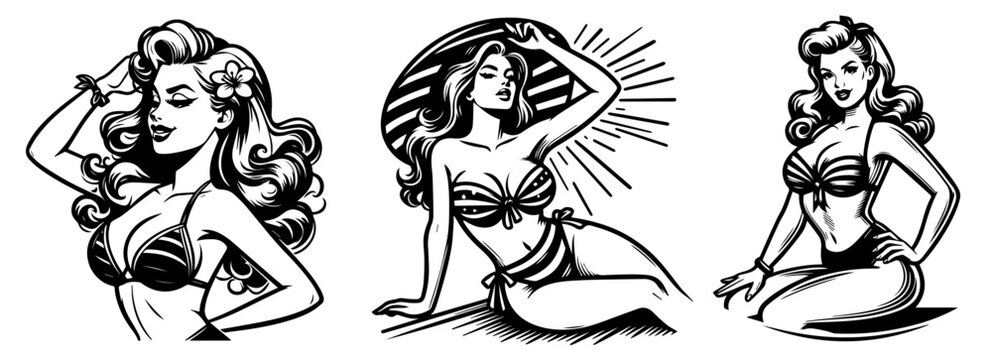 beach pin-up girl, nocolor vector illustration silhouette for laser cutting cnc, engraving, black shape decoration vintage retro woman