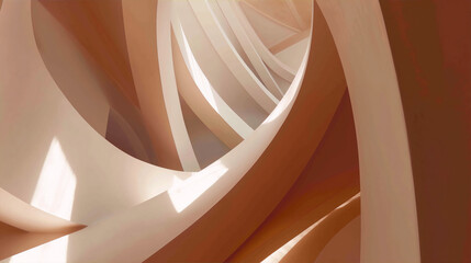Abstract organic minimal 3D rendering of curved shapes with shadows in peach and cream colors, interior space, futuristic architecture