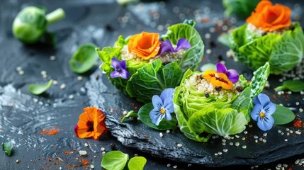 Rolgordijnen A creative vegan recipe presentation, showing a deconstructed salad with raw Brussels sprouts leaves, avocado cubes, and quinoa, decorated with edible flowers for a modern culinary art look © Татьяна Креминская