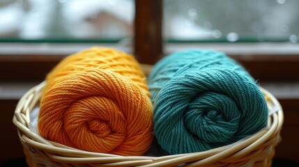 two skeins of yarn in a basket on a window sill in front of a snow - covered window.