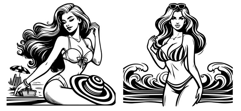 bikini-clad pin-up girls, young woman beautiful and slender, nocolor vector illustration silhouette for laser cutting cnc, engraving, black shape decoration