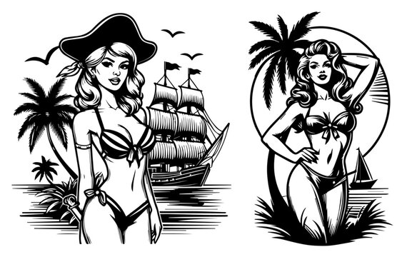 pin-up girls as pirates on adventurous seas, nocolor vector illustration silhouette for laser cutting cnc, engraving, black shape decoration vintage retro woman