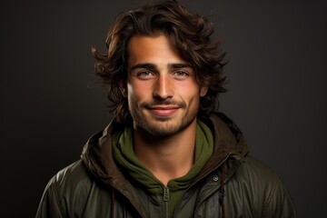 A man with long hair wearing a green jacket