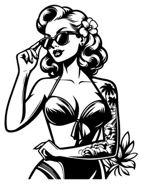 pin-up girl in swimsuit with sunglasses, summer chic, nocolor vector illustration silhouette for laser cutting cnc, engraving, black shape decoration retro vintage woman