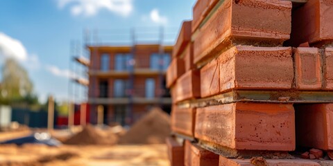 Stack of red bricks with a construction site in the background