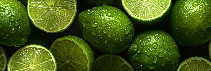 Background with citrus. Limes. Copy space. Place for text. Juiced, fresh, bright. Social media post, banner, header, cover, flyer, brochure, invitation, greeting or bussiness card. Generative Ai conte