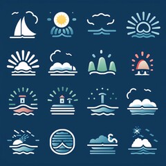 Set of sea and ocean icons. Vector illustration in flat style.