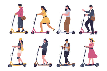 People riding electric kick scooters, eco friendly transportation. Vector flat illustration