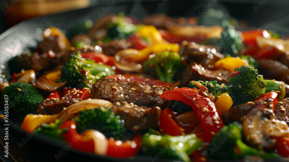 Wall mural A stir-fried beef and vegetable dish in a cast iron skillet.