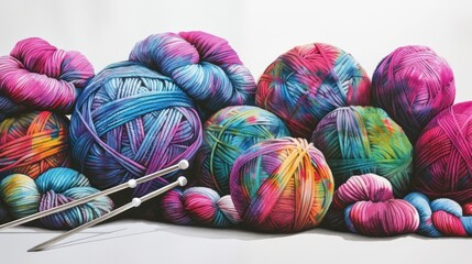 a pile of multicolored balls of yarn next to a crochet hook and a pair of scissors. - obrazy, fototapety, plakaty