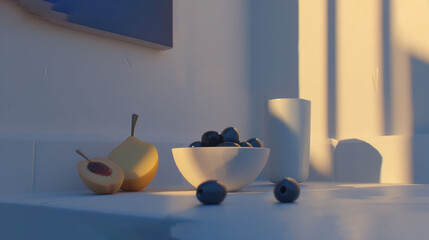 a bowl of olives and a bowl of fruit sit on a counter in front of a window in a white room.
