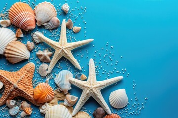 Starfish and shells on a blue surface