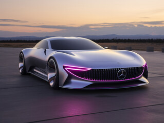 a silver sports car with purple lights