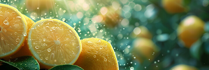 Background with citrus. Lemons. Copy space. Place for text. Juiced fresh bright. Social media post, banner header cover flyer brochure invitation, greeting or business card. Generative Ai content