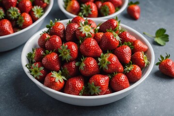 Close-up of vibrant organic strawberries in a white dish with a blue trim, set on a muted gray background.