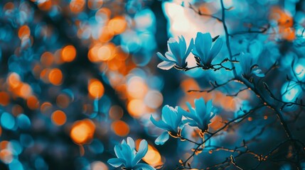 a blurry photo of a tree with blue flowers in the foreground and an orange boke of light in the background.