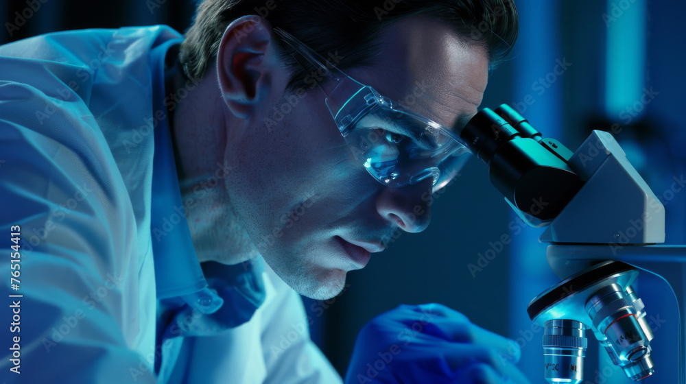 Poster a scientist peers through a microscope in a dimly lit lab.