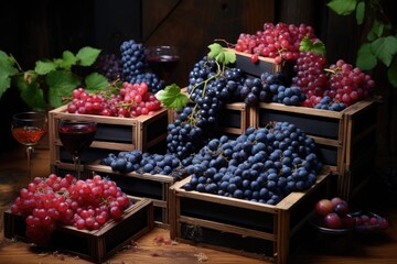 Fresh grapes displayed on rustic wooden crates