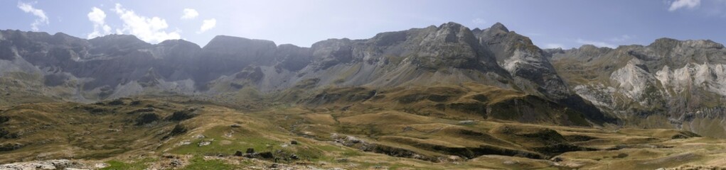 Panoramic view of the Troumouse cirque landscape. Ancient glacier in the Pyrenees national park, France