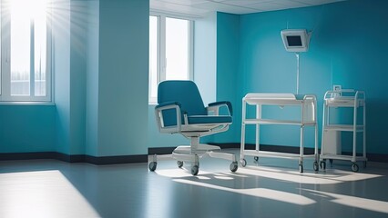 Fototapeta na wymiar Interior of a hospital room. blue medical chair in the hospital, close up of the armchair. generative ai