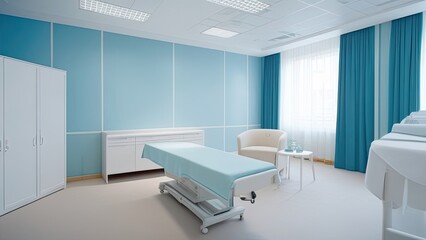 Fototapeta na wymiar Interior of a hospital room. Medical room in modern hospital. Hospital room with patient bed in blue tone. generative ai