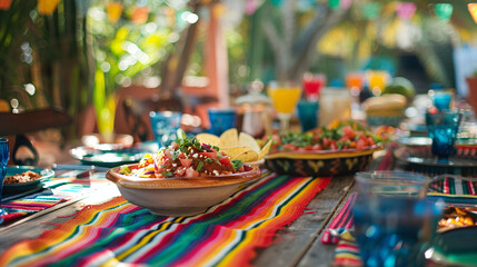 Vibrant and Festive Cinco de Mayo Celebration, Traditional Mexican Holiday Decor Items Set on Party Table with Food and Drinks, Colorful Atmosphere with Flags and Banners

