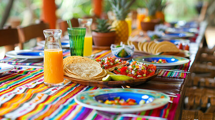 Vibrant and Festive Cinco de Mayo Celebration, Traditional Mexican Holiday Decor Items Set on Party Table with Food and Drinks, Colorful Atmosphere with Flags and Banners
