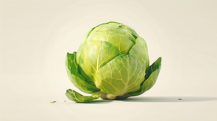 A digital minimalism art piece featuring a single Brussels sprout, with clean lines and flat colors, against a pure white background, emphasizing the simplicity and elegance of healthy food