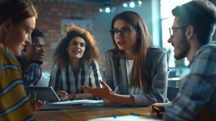 Colleagues engage in a discussion in a corporate setting with a focus on teamwork and communication.