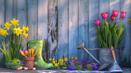 A rustic gardening scene with spring flowers and vintage equipment.