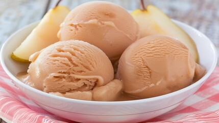 Fototapeta na wymiar three scoops of ice cream in a white bowl on a pink and white checkered napkin next to a banana.
