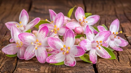 a bunch of pink and white flowers sitting on top of a wooden table next to a green leafy plant.