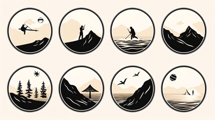 Set of mountain and lake icons. Silhouette of a man with a surfboard on the background of mountains. Vector illustration