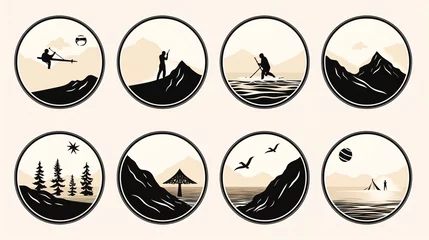 Papier Peint photo Lavable Montagnes Set of mountain and lake icons. Silhouette of a man with a surfboard on the background of mountains. Vector illustration