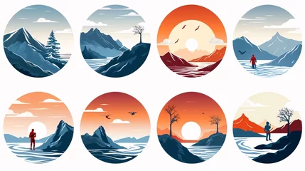 Selbstklebende Fototapete Berge Mountain landscapes set. Vector illustration of mountains and lake in the circle