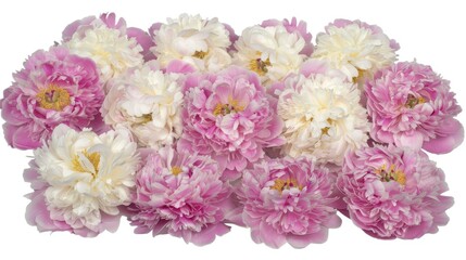 a group of pink and white peonies on a white background with a yellow center in the middle of the peonies.