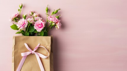 a brown paper bag with a pink ribbon tied around it and a bouquet of pink roses in the top of the bag.